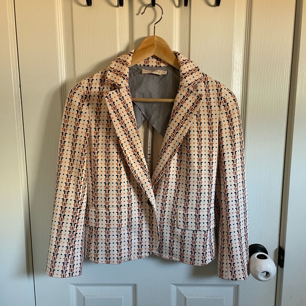 Tory Burch Blazer, XS, Cream Color w/ Orange and Navy Pattern